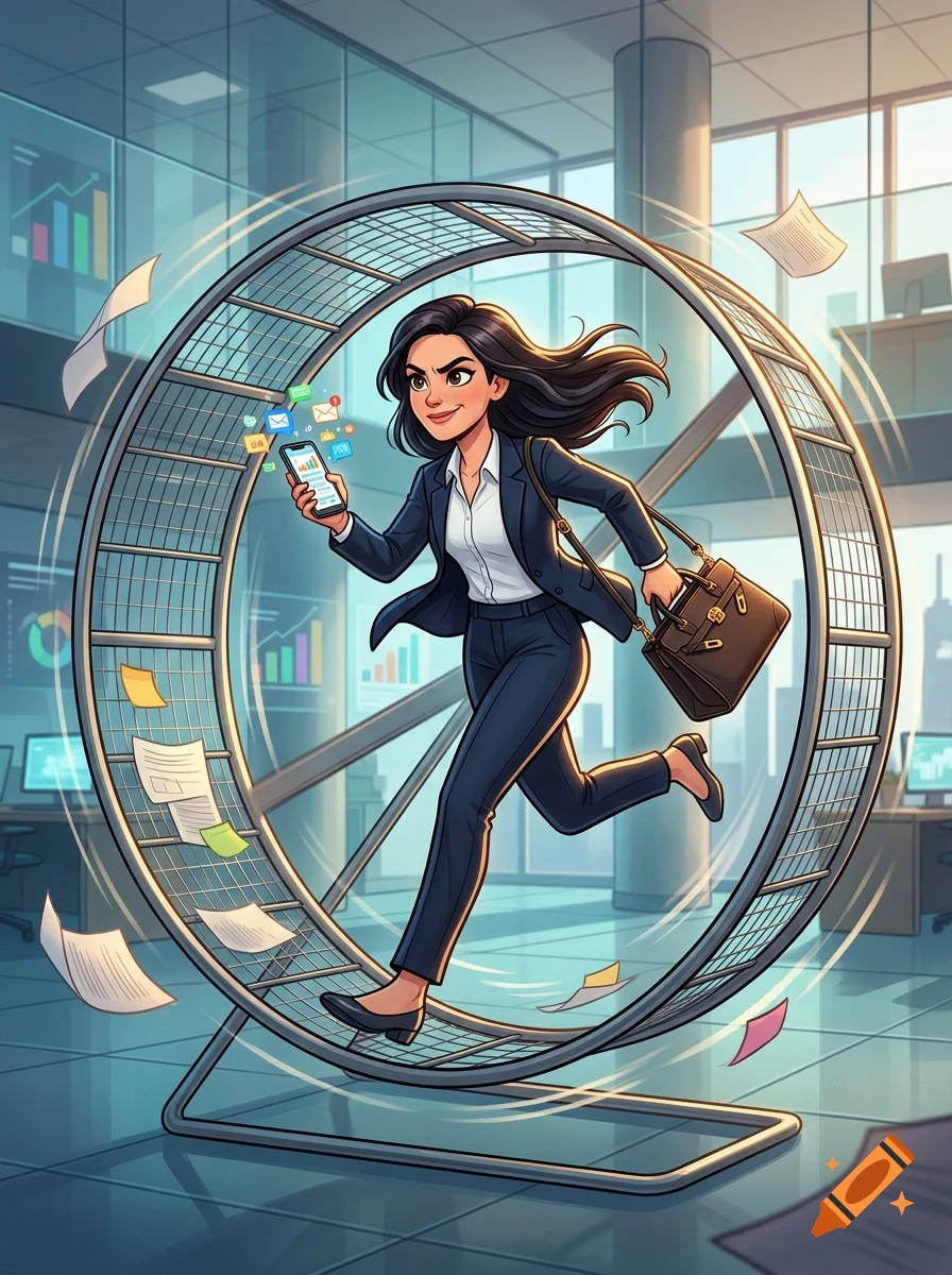 Cartoon businesswoman in a suit running inside a giant hamster wheel in an office setting.