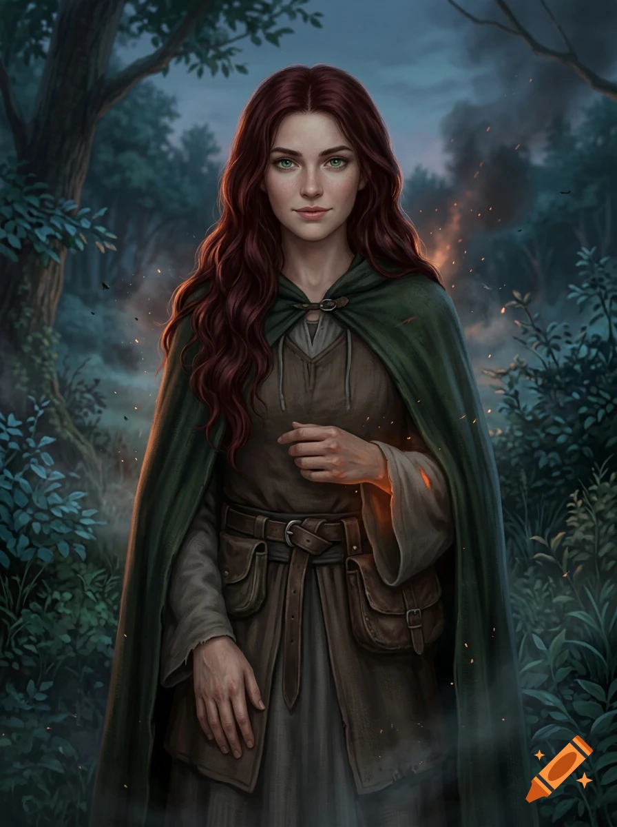 Portrait of an 18-year-old female fire mage with long dark red wavy hair and green eyes, wearing a green cloak, digital art style.