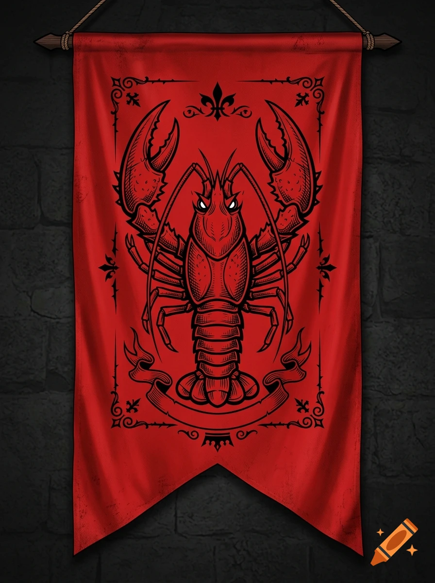 A red medieval banner hanging against a dark stone wall, featuring a black line drawing of an evil crayfish coat of arms.