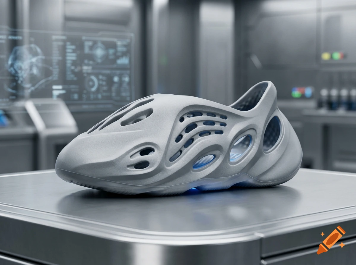 Photorealistic futuristic grey foam slip-on shoe resting on a metallic surface in a sci-fi laboratory.