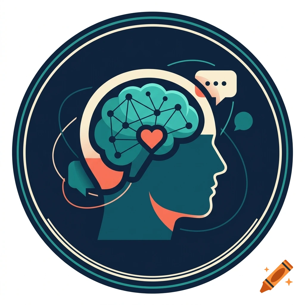 Circular profile picture featuring a human silhouette in profile with a teal brain containing a network of nodes and a red heart.