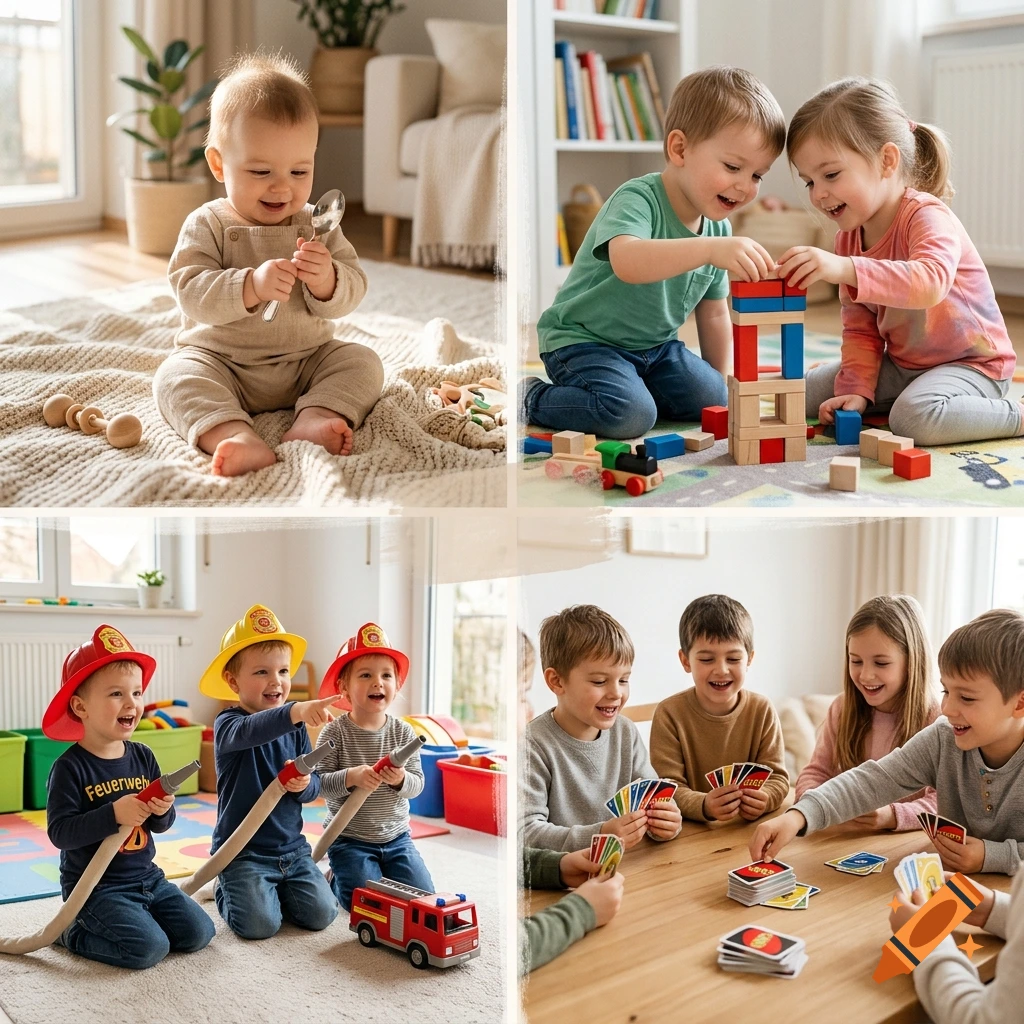 Photorealistic four-panel collage showing children playing with a spoon, building blocks, toy fire truck, and cards.