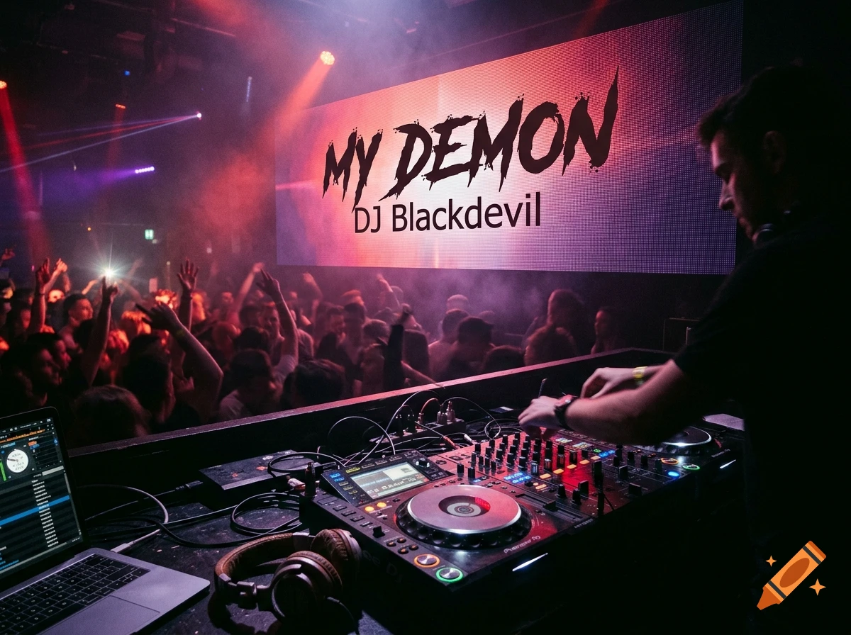 Realistic photo of a DJ performing at a nightclub with a large screen displaying 'MY DEMON DJ Blackdevil'.