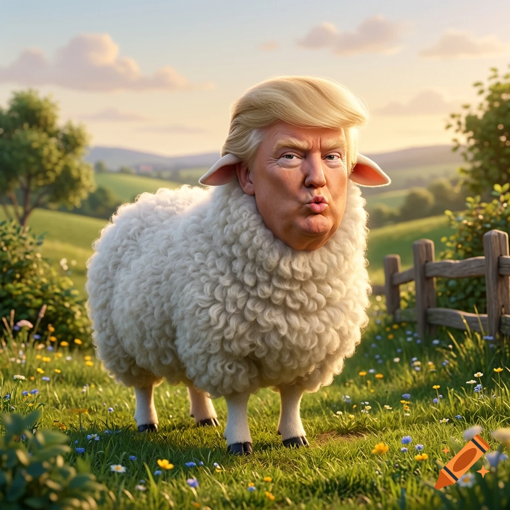 Digital 3D Pixar-style render of a fluffy white sheep standing in a green field with a wooden fence, featuring the head of Donald Trump.