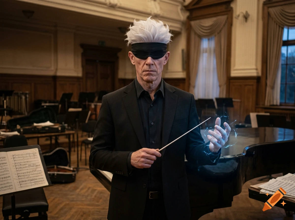 A photorealistic portrait of an older man with white spiky hair and a black blindfold, wearing a black suit, holding a conductor's baton in an orchestra hall, with magical blue energy around his hand.