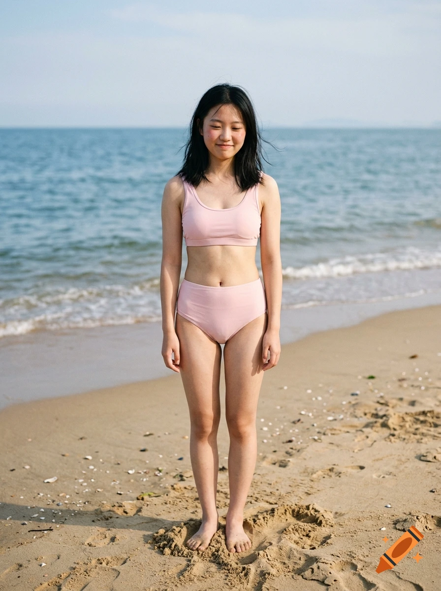 Photorealistic full-length shot of a young shy woman in a light pink bikini standing on a sandy beach.