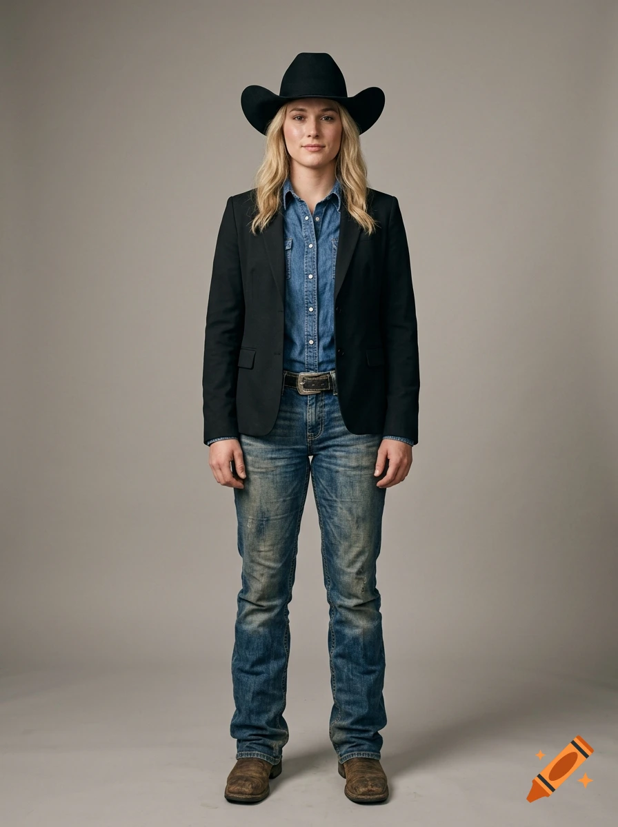 Photorealistic full-length portrait of a blonde woman wearing a cowboy hat, denim shirt, black blazer, and rugged jeans against a grey background.