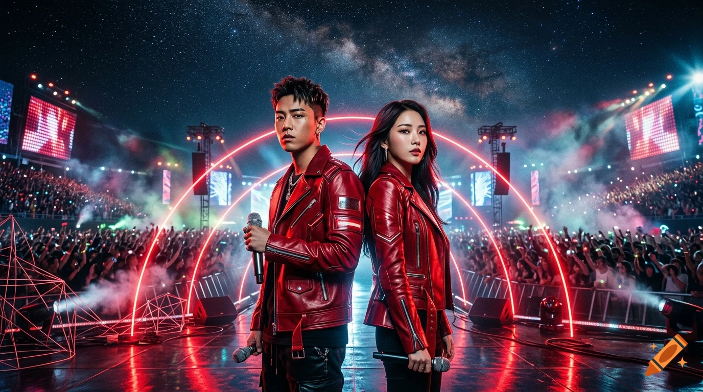 A Korean male rapper and female vocalist in crimson leather jackets standing back-to-back on an EDM festival stage.