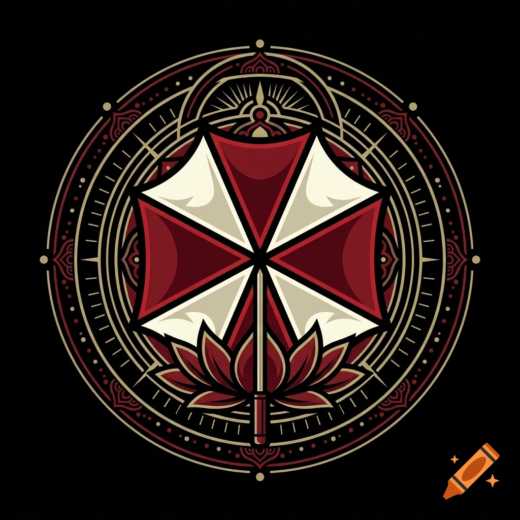 An ornate circular graphic featuring a red and white umbrella design surrounded by decorative geometric patterns and mandala-like motifs.