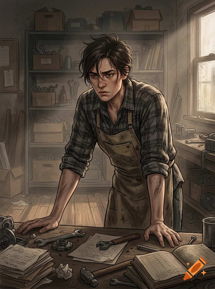 An anime-style illustration of a tired young male worker leaning over a cluttered workbench in a workshop.