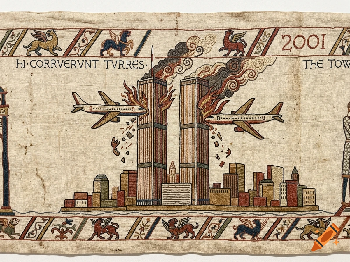A Bayeux Tapestry style illustration depicting the 2001 attack on the World Trade Center towers with airplanes.
