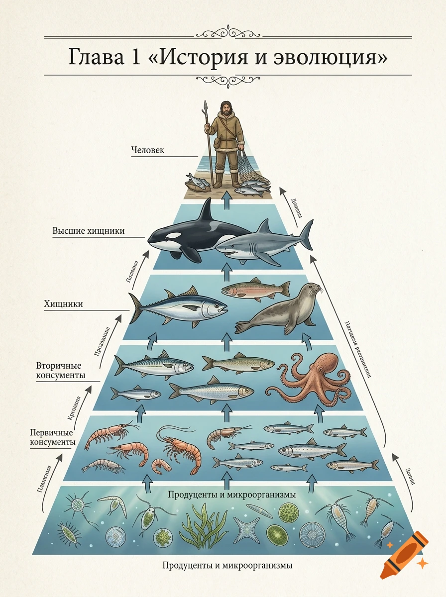 Educational illustration of a food chain pyramid showing marine life from plankton up to a human hunter, with Russian text.