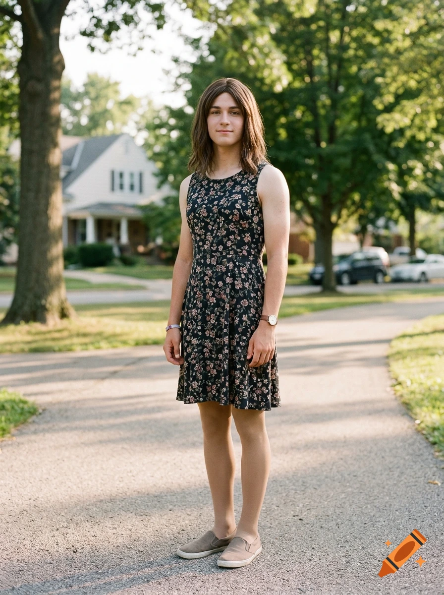 A young person with long brown hair wearing a floral dress and slip-on shoes, standing on a paved pathway outdoors.