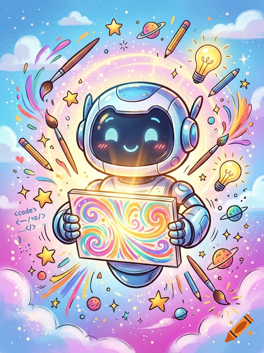 A cheerful, glowing robot holding a colorful abstract painting surrounded by floating art supplies, planets, stars, and lightbulbs against a pastel sky with clouds.