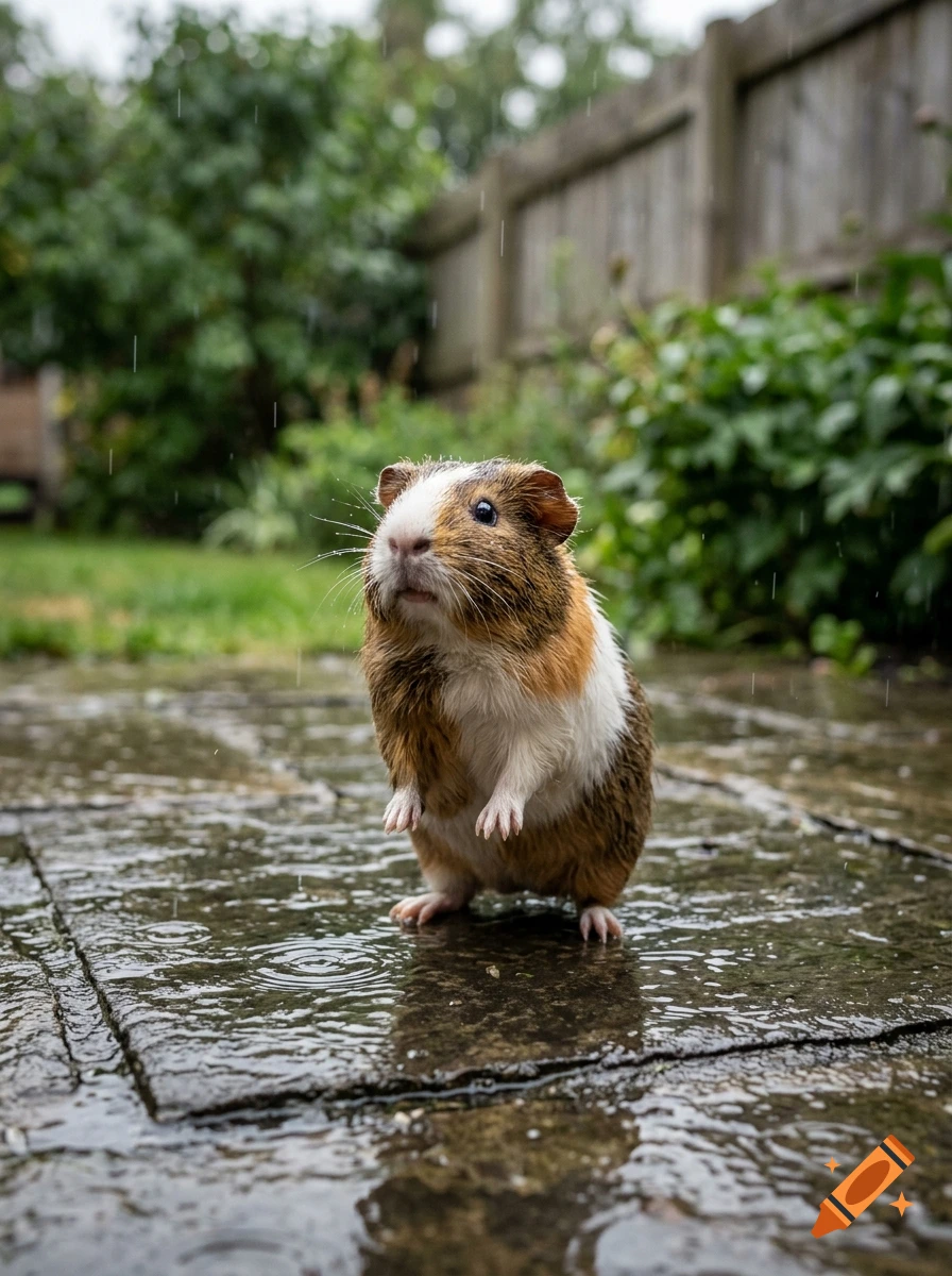 Photorealistic guinea pig standing on its hind legs in the rain on a patio.