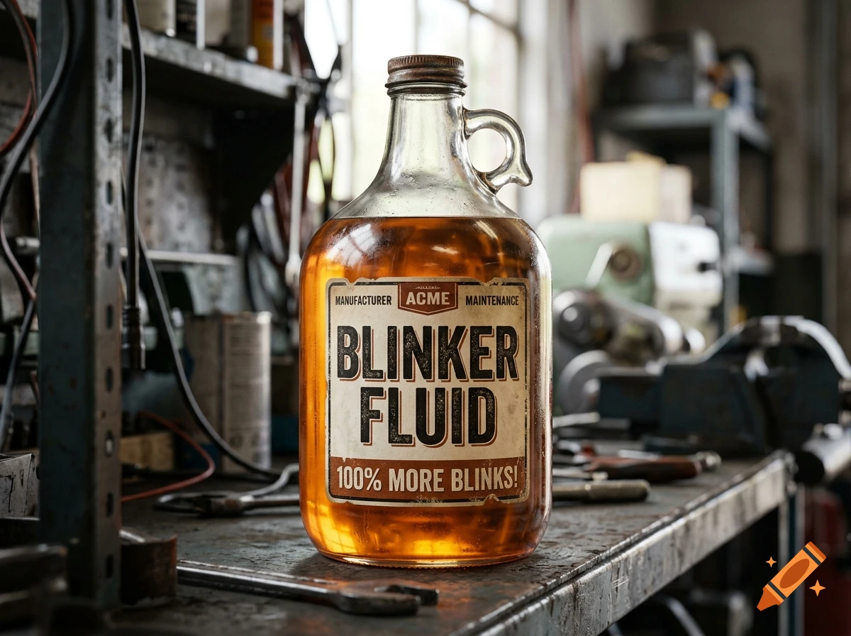 Photorealistic glass jug labeled 'blinker fluid' by 'ACME' sitting on a workshop workbench.