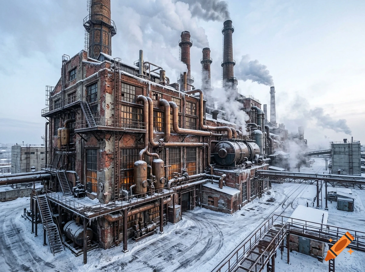 Photorealistic image of a detailed USSR age steampunk power plant with red brick walls, copper pipes, and tall smokestacks in winter.