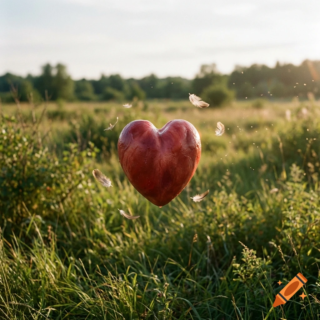 Photorealistic image of a realistic heart floating in a grassy field, surrounded by floating feathers.