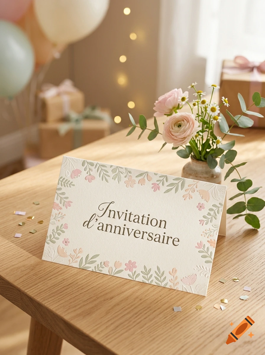 A close-up photograph of an elegant birthday invitation card on a wooden table, featuring floral illustrations and the text Invitation d'anniversaire.