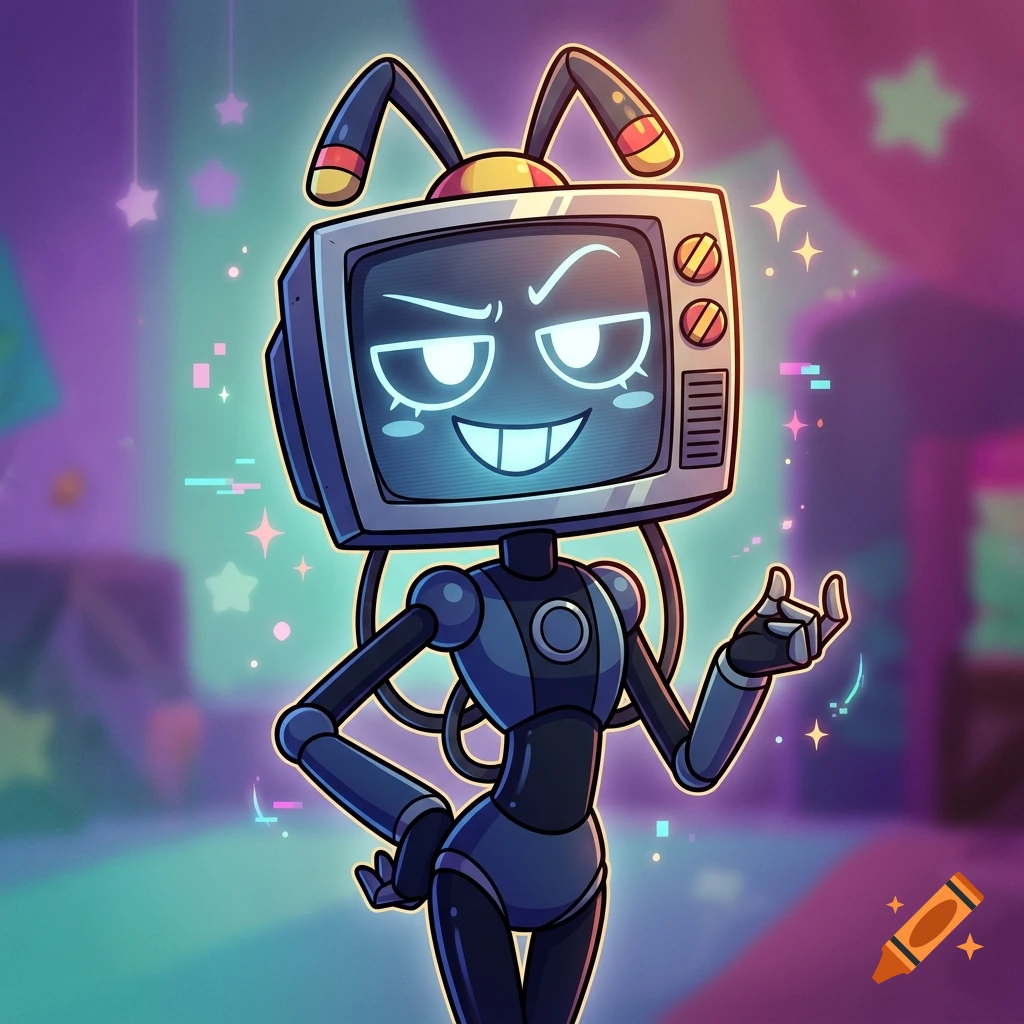 Digital illustration of a cartoon robot with a television head displaying a grinning face, featuring antennas and glowing purple background.