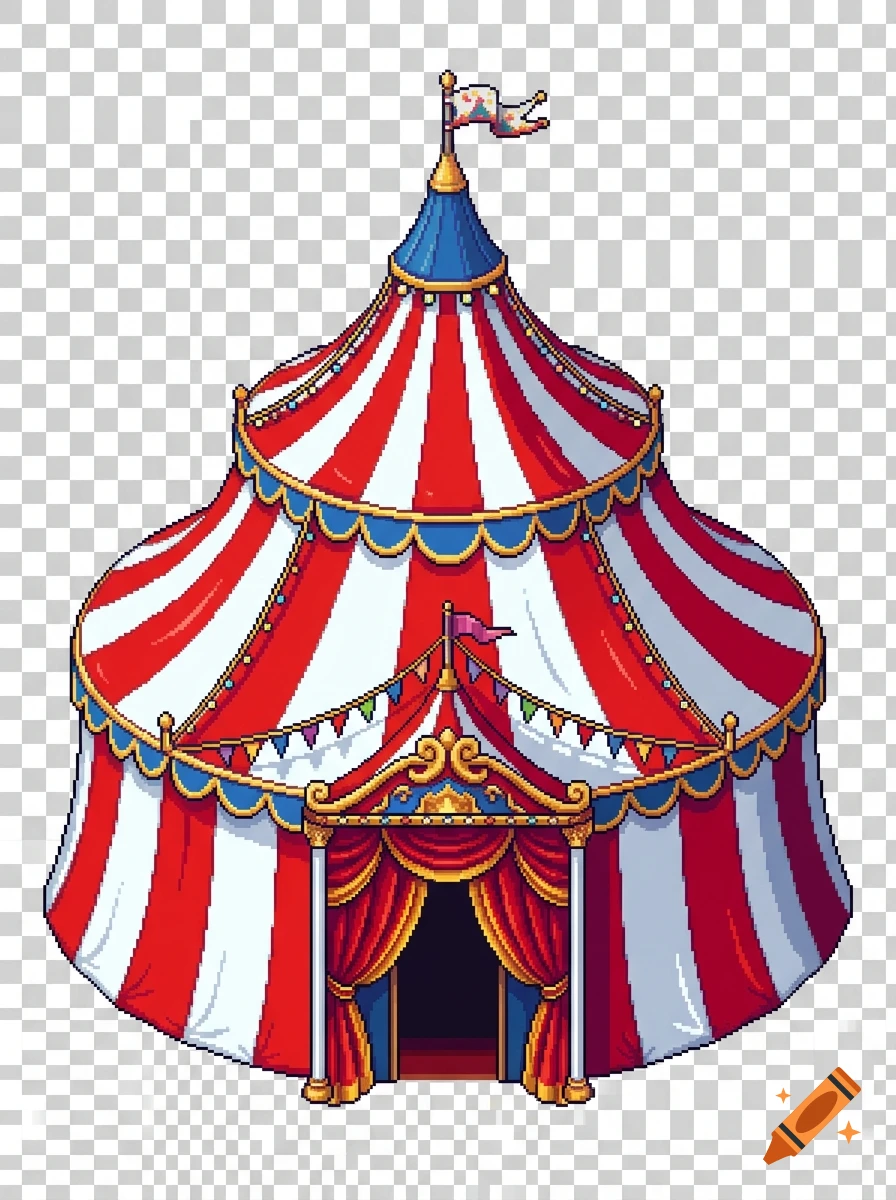 A detailed pixel art illustration of a colorful circus tent with red and white stripes, blue accents, flags, and draped curtains at the entrance.