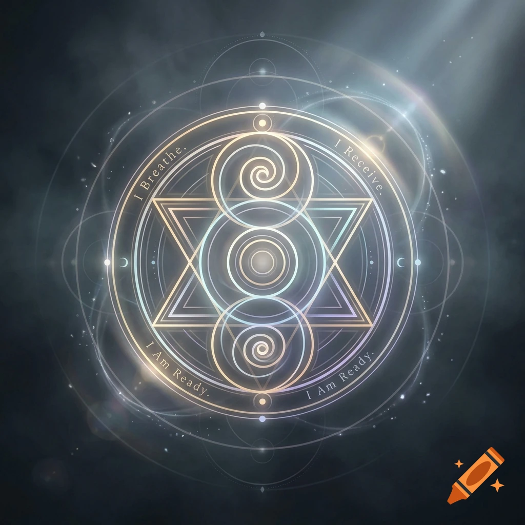 Glowing mystical sigil with sacred geometry, stars, and text reading I Breathe I Receive I Am Ready on dark smoky background