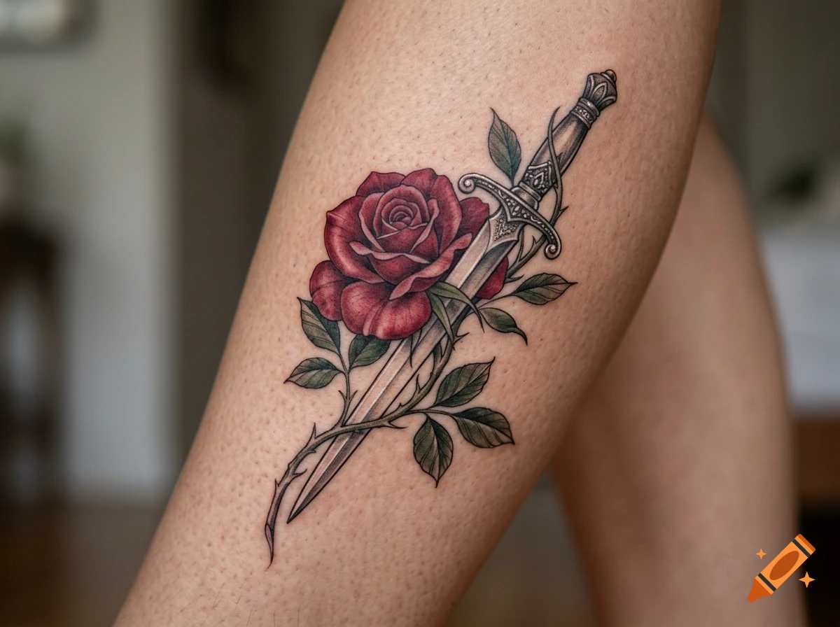 Close-up of a detailed tattoo on a leg featuring a red rose and a dagger wrapped in thorny vines.