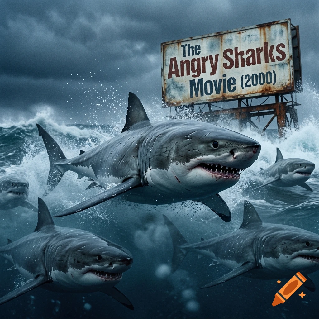 Several great white sharks swimming in stormy ocean water beneath a rusty metal movie billboard.