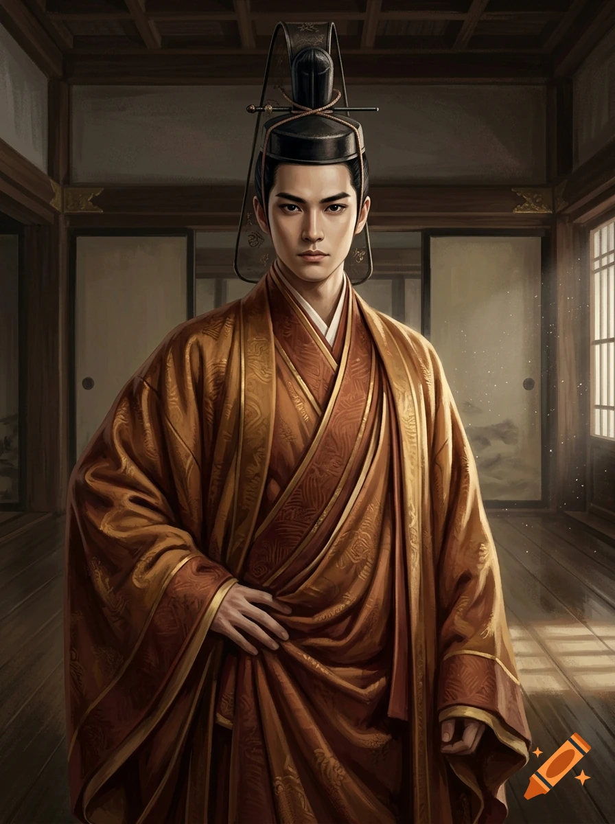 Portrait of a young Asian man in traditional ocher and red silk robes with an imperial headdress inside a historic Japanese room.