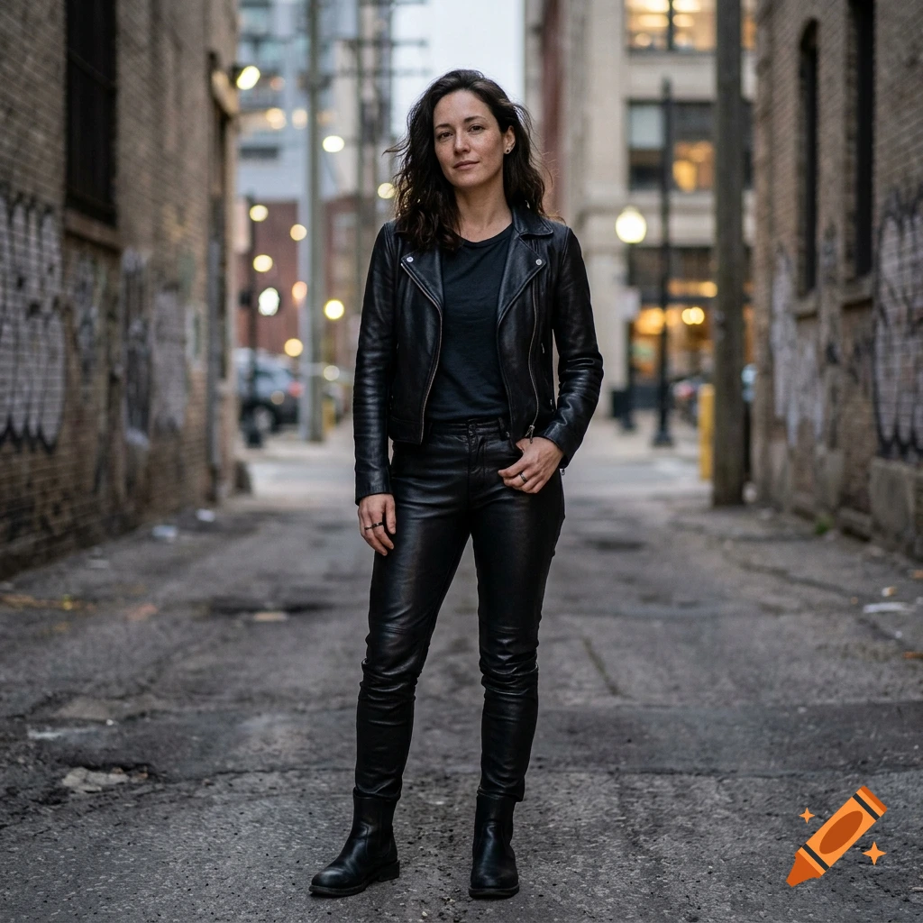 A woman in a black leather jacket, pants, and boots standing in an alleyway, photorealistic.