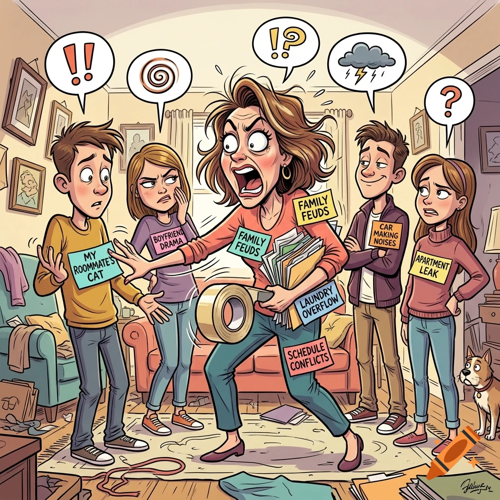 Comic style illustration of an overwhelmed woman holding a roll of tape and paper notes, surrounded by stressed family members.