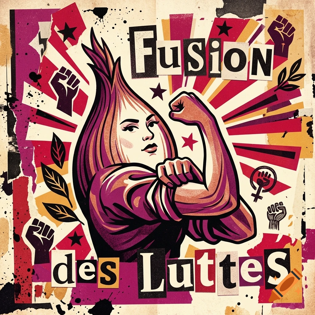 A feminist propaganda poster featuring a stylized onion with a human face flexing its bicep, surrounded by text reading Fusion des Luttes.