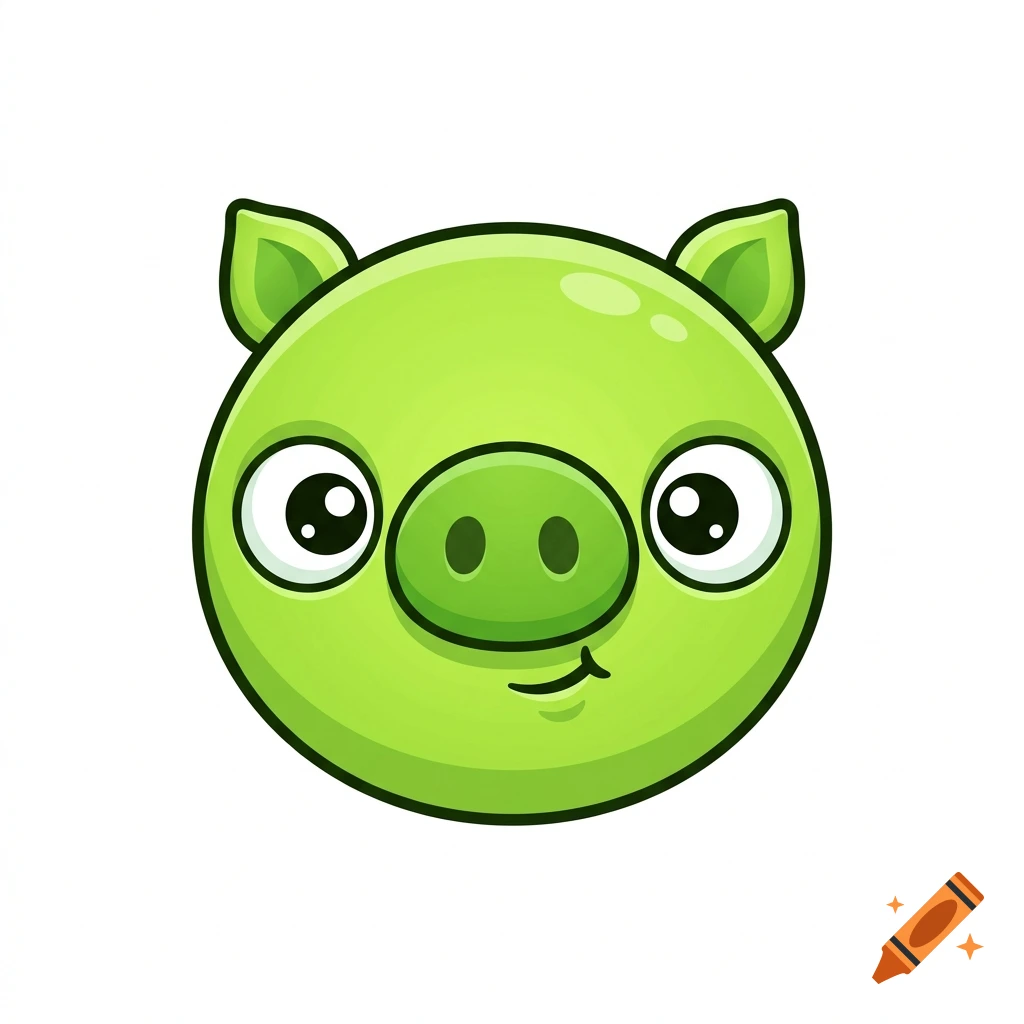 Digital cartoon illustration of a round green pig head with big eyes and a snout, isolated on a white background.