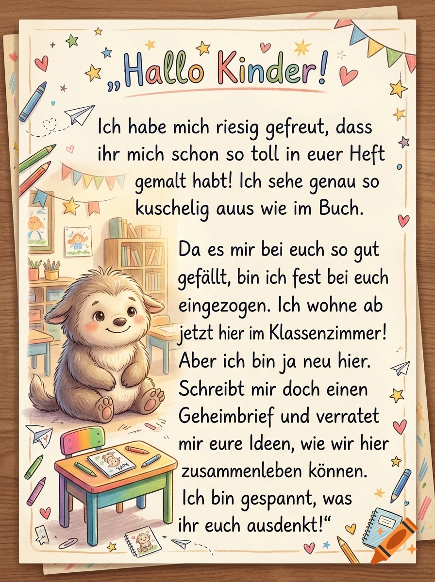 A handwritten letter in German addressed to children, accompanied by an illustration of a cute fluffy creature sitting next to a small desk in a classroom.