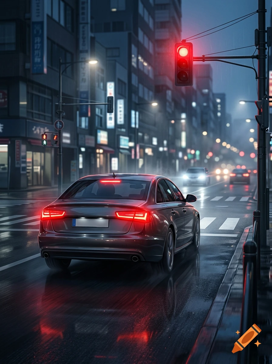 Photorealistic view of a gray car braking at a red traffic light on a wet city street at night.