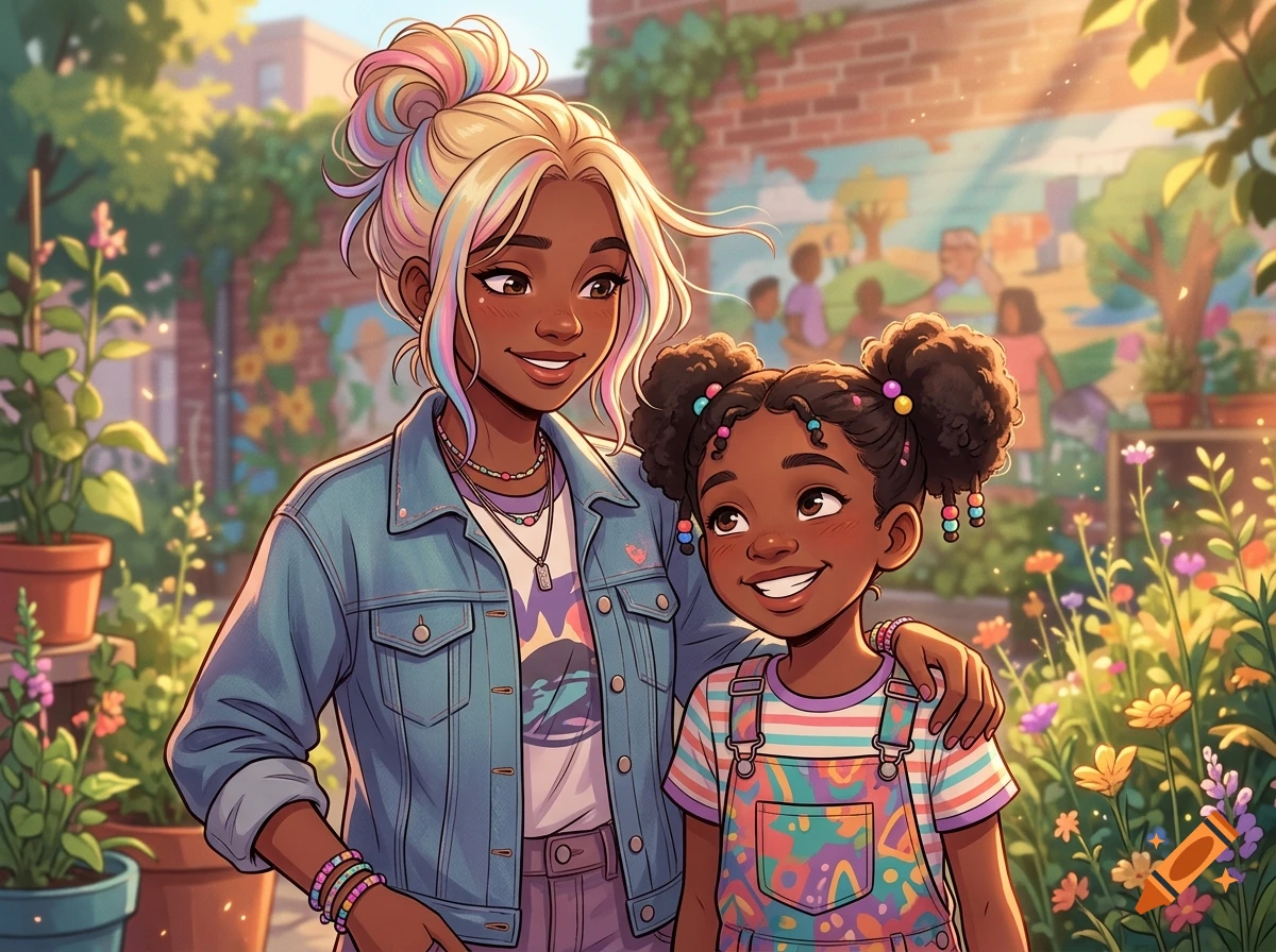 An anime-style digital illustration of an older sister with blonde hair and colorful highlights, smiling and standing next to her younger sister in a garden.
