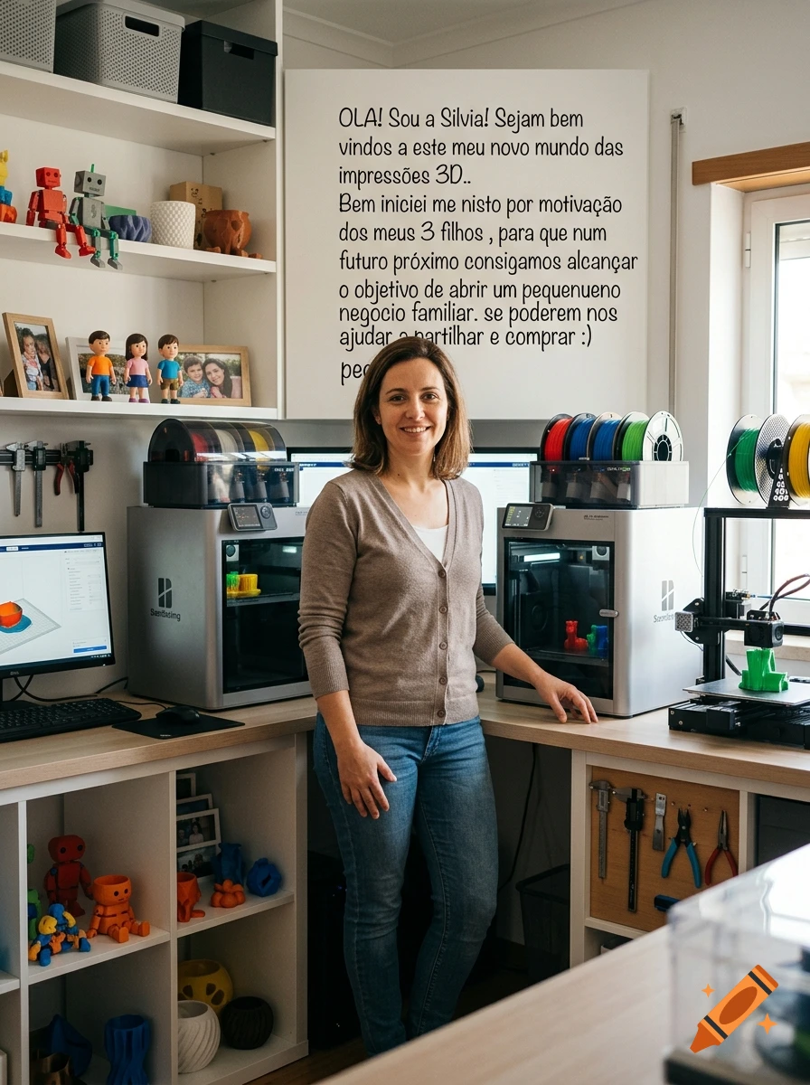 A woman standing in her 3D printing workshop, surrounded by 3D printers and shelves filled with printed models, with a sign on the wall.