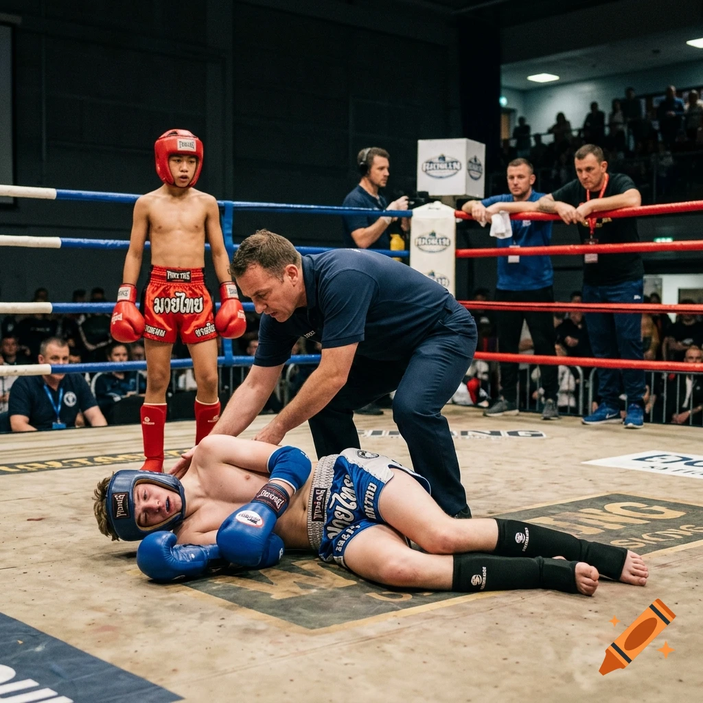 Photorealistic image of a referee attending to a knocked out fighter in a Muay Thai ring, with another fighter watching.