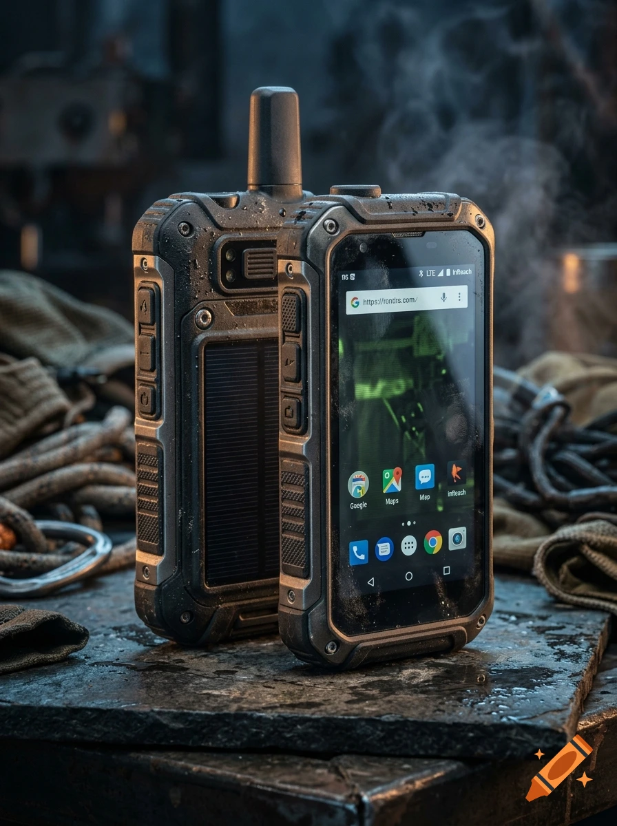 Photorealistic image of two rugged, heavy-duty tactical smartphones with antennas and solar panels resting on a wet metallic surface.