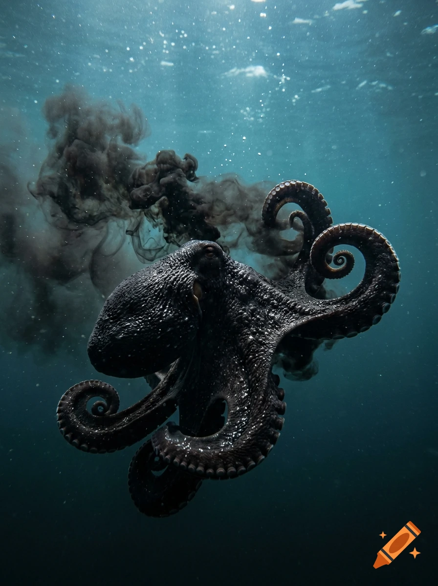 An octopus swimming in the deep blue ocean while releasing a cloud of dark ink.