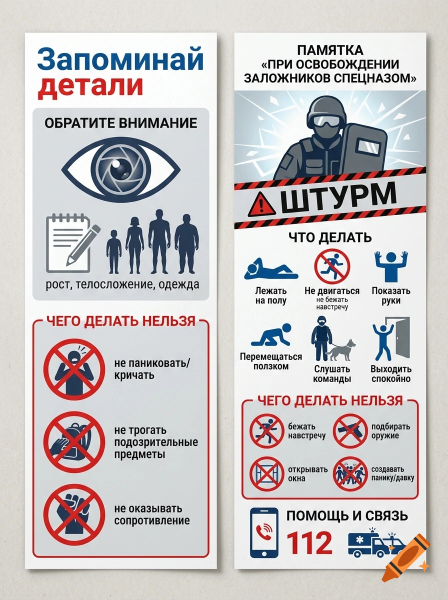 Informational infographics with Russian text regarding hostage safety, rules, and emergency contacts, styled with clean vector icons.