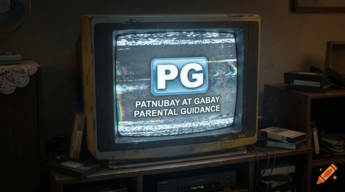 Photorealistic vintage television displaying a Filipino MTRCB PG rating on a static-filled screen inside a dim room.