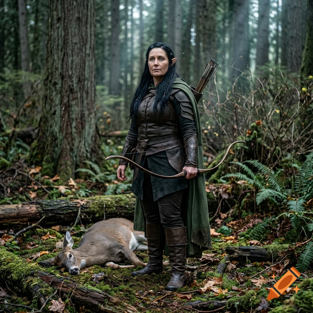 Photorealistic image of a female elf hunter with black hair and green cloak standing in a forest with a bow, a dead deer nearby.