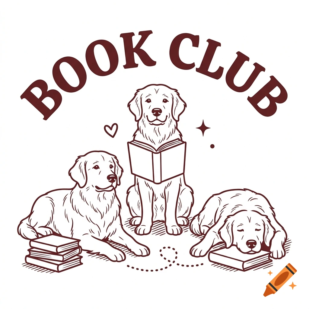 Maroon line art illustration of three golden retrievers reading books with the text BOOK CLUB above.