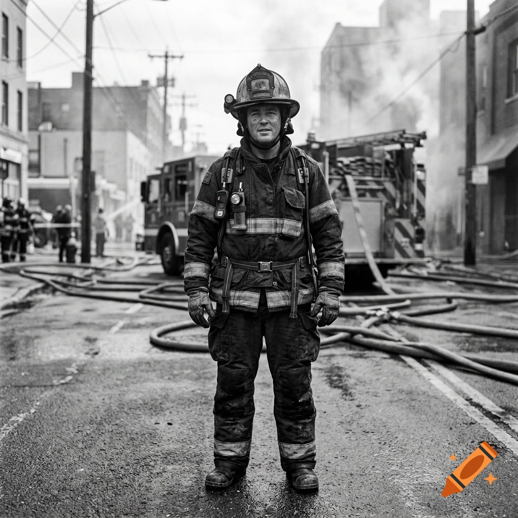 Black and white photograph of a firefighter standing in the street in front of a fire truck and smoke.
