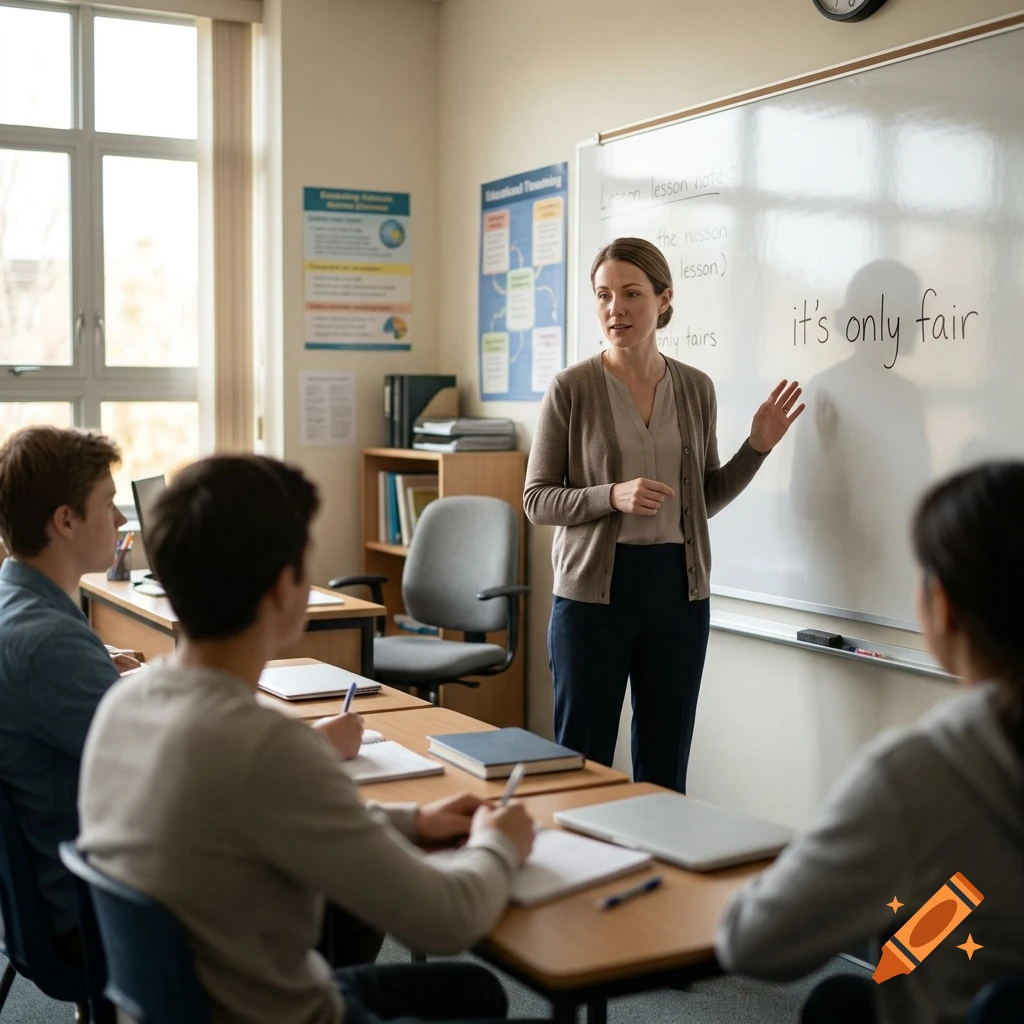 A teacher stands at the front of a classroom, gesturing toward a whiteboard with writing while students sit at desks.