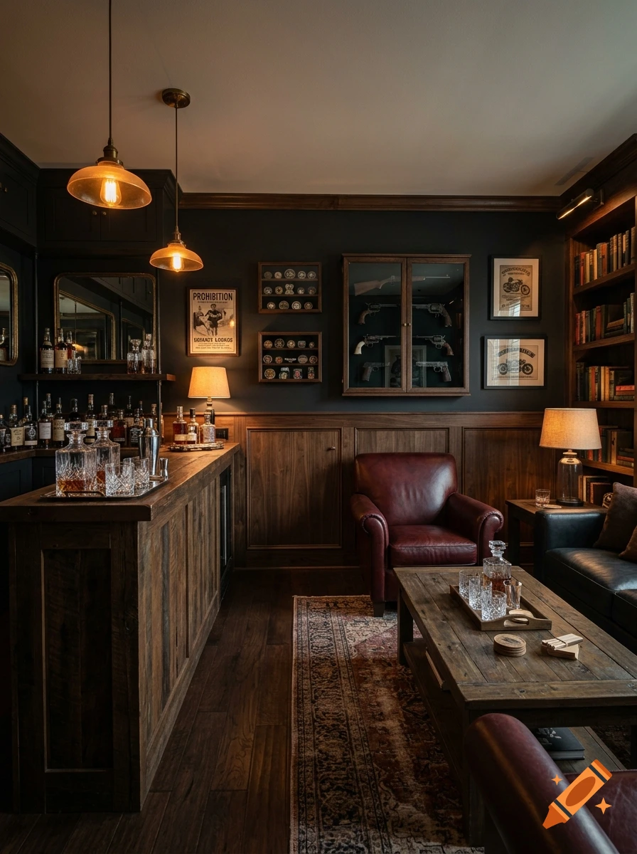 Photorealistic interior of a dimly lit, moody whiskey den and home bar with dark wood paneling, leather seating, and framed pictures.