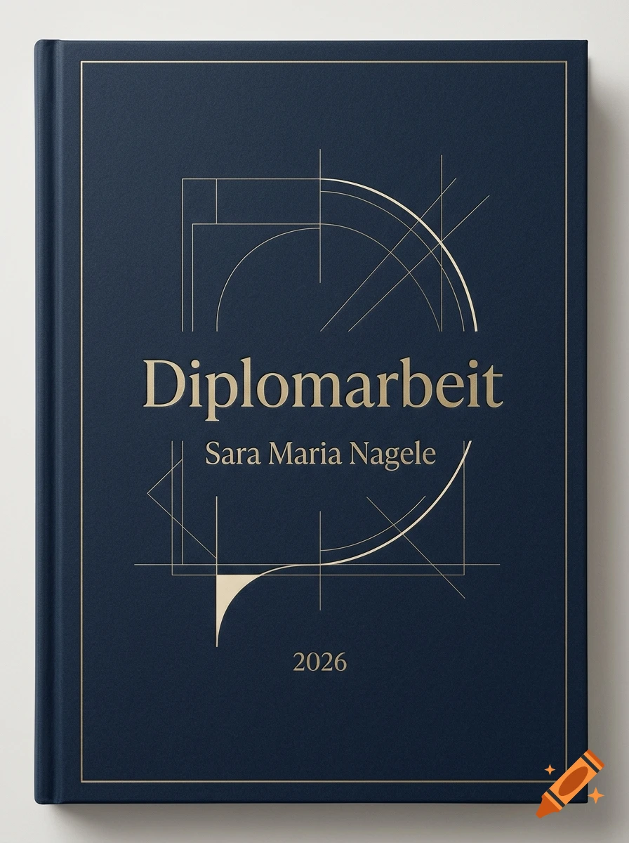 Dark blue book cover with gold foil architectural line drawings and text reading Diplomarbeit Sara Maria Nagele 2026.