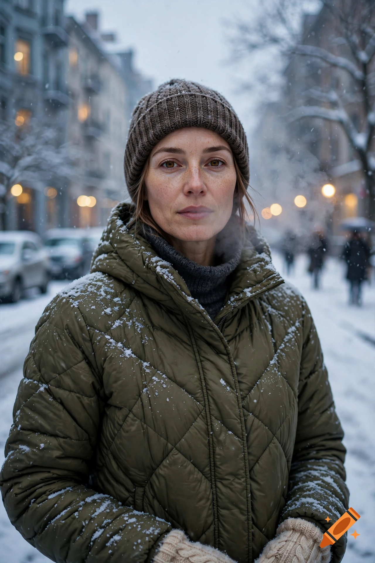 Photorealistic portrait of a woman wearing a green puffer jacket and beanie in a snowy city street.