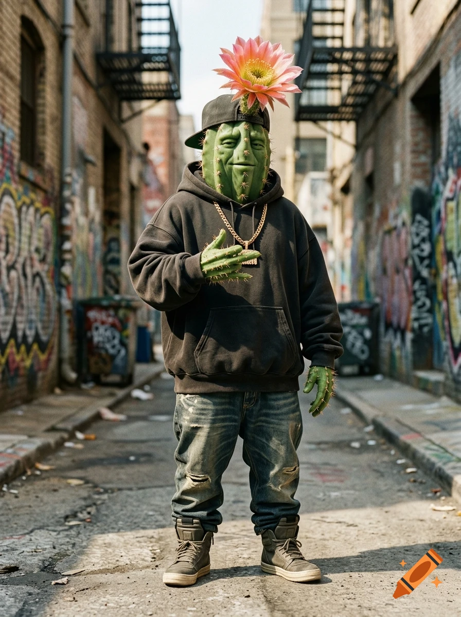 Photorealistic image of a hip hop cactus man wearing a hoodie and cap, with a pink flower on his head, standing in a city alleyway.